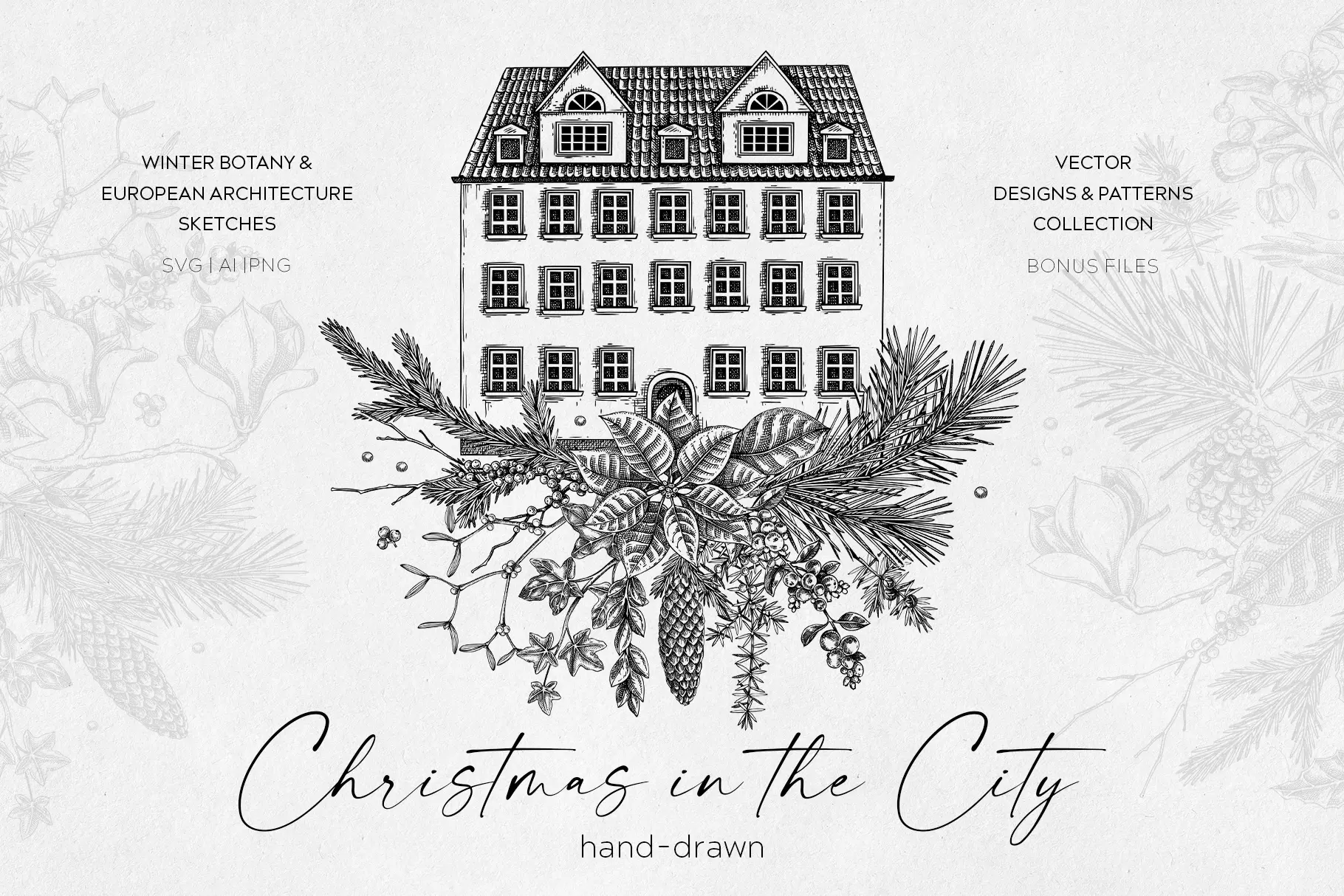 Hand-Drawn Christmas Vector Designs. Architecture Sketches Illustration